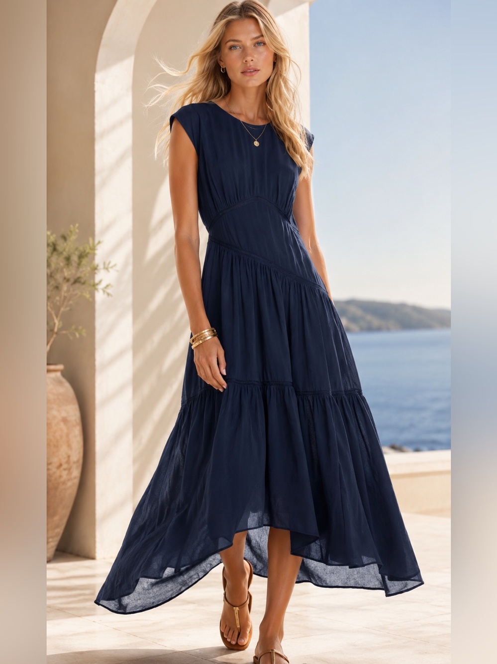 Frame  Navy Tiered High-Low Maxi Dress